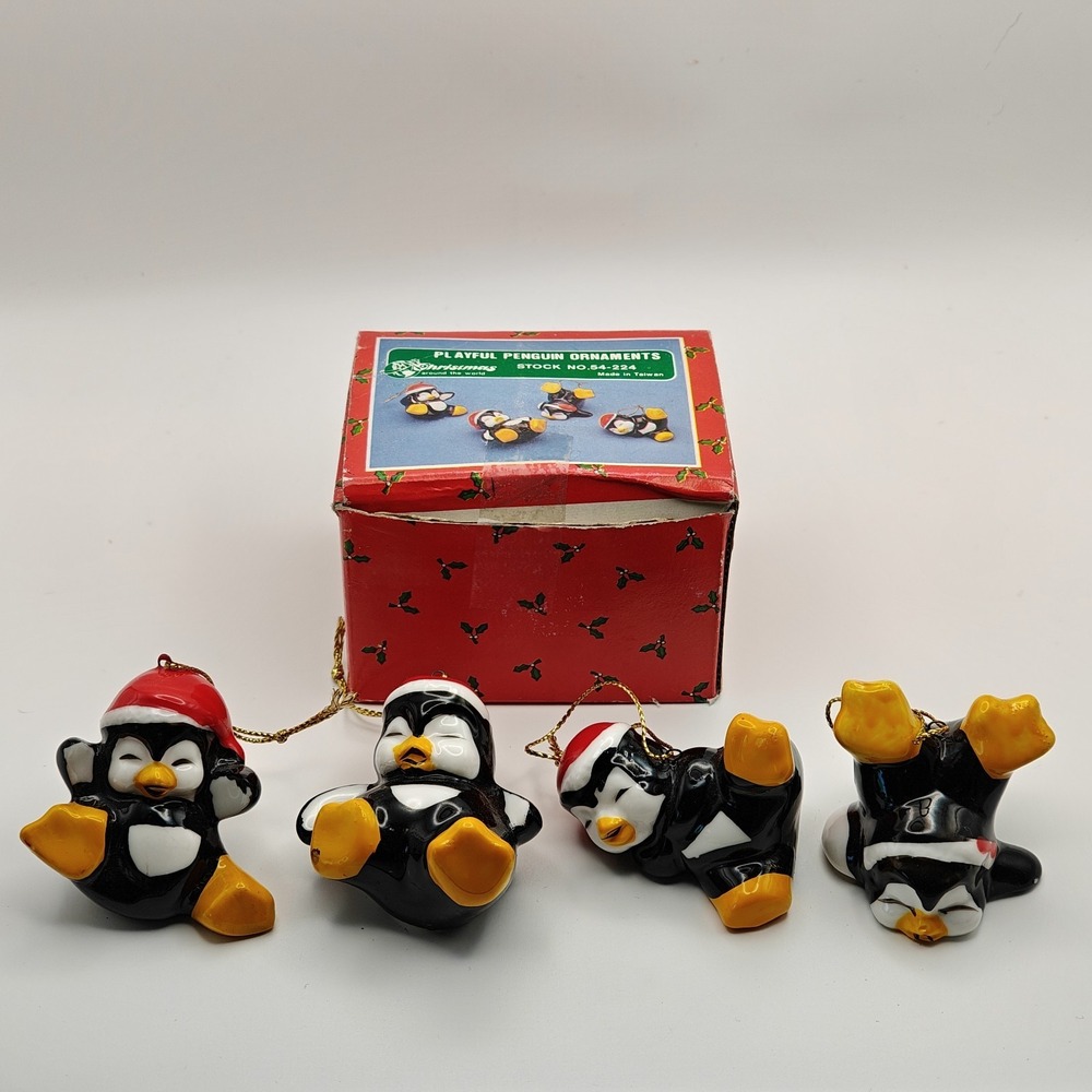 Christmas Around the World Playful Penguin 4pc Ceramic Hanging Ornaments 54-224